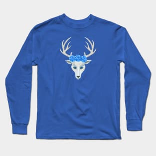 White Deer Head Antlers Blue Roses Long Sleeve T-Shirt